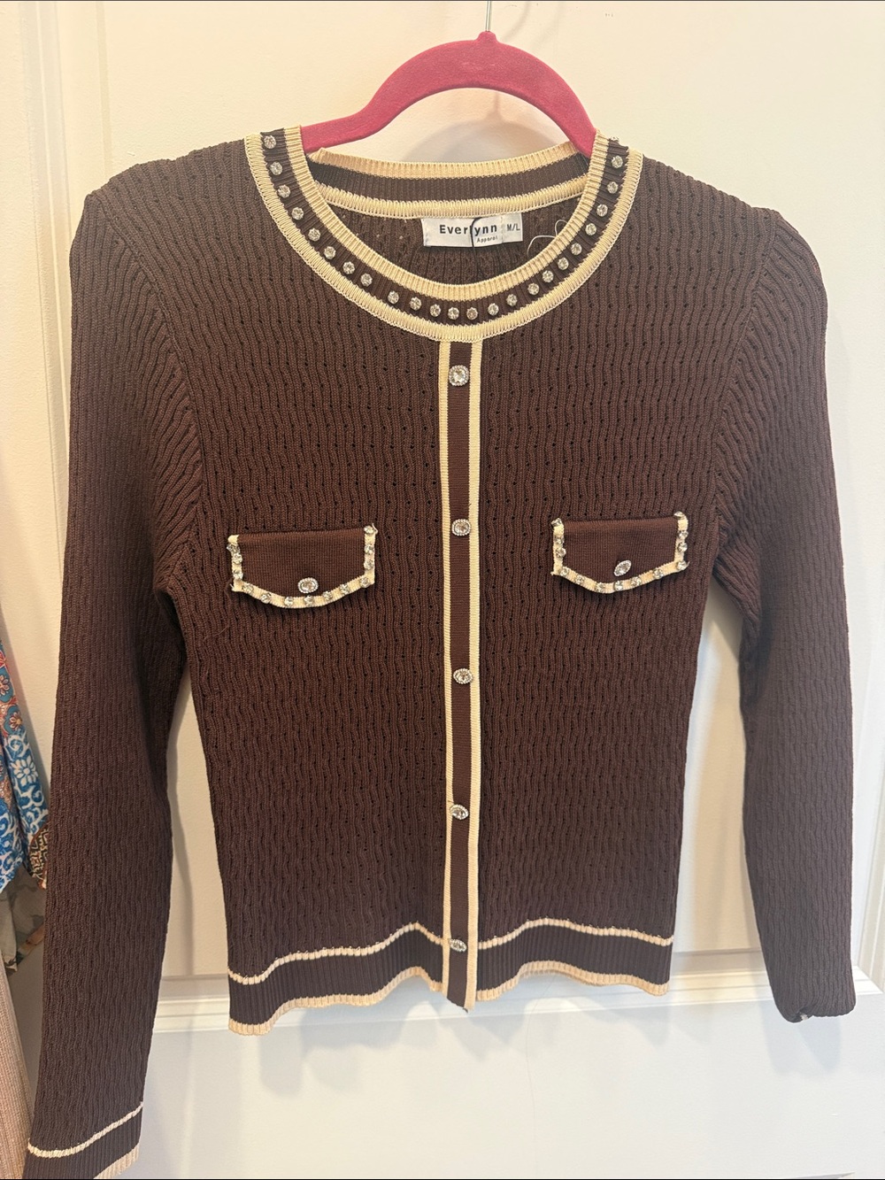 Brown Knit Cardigan with Cream Trim and Embellished Pockets